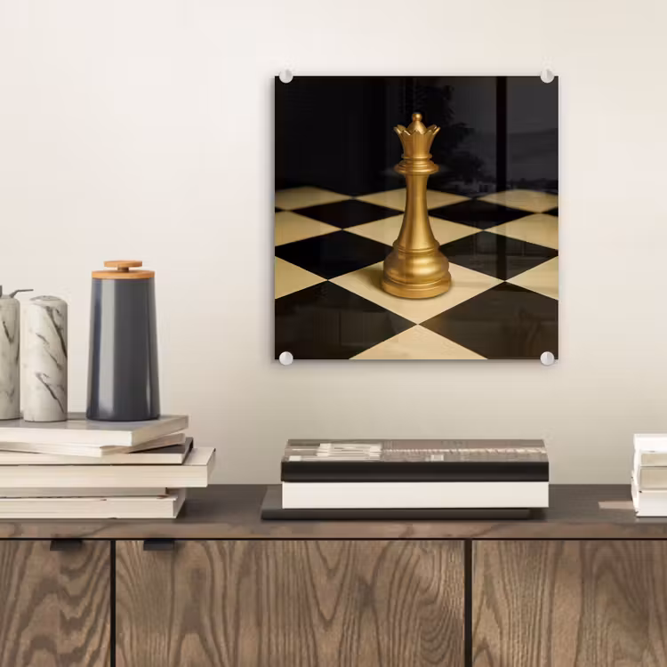 Glas schilderij - Koningin - Schaakstuk - Geblokt - Goud — 2