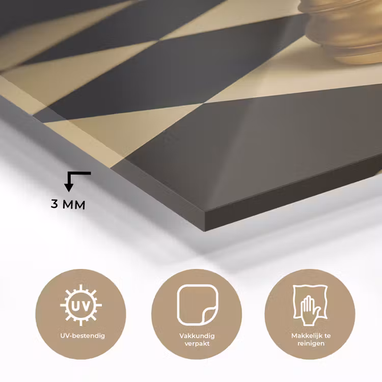 Glas schilderij - Koningin - Schaakstuk - Geblokt - Goud — 3