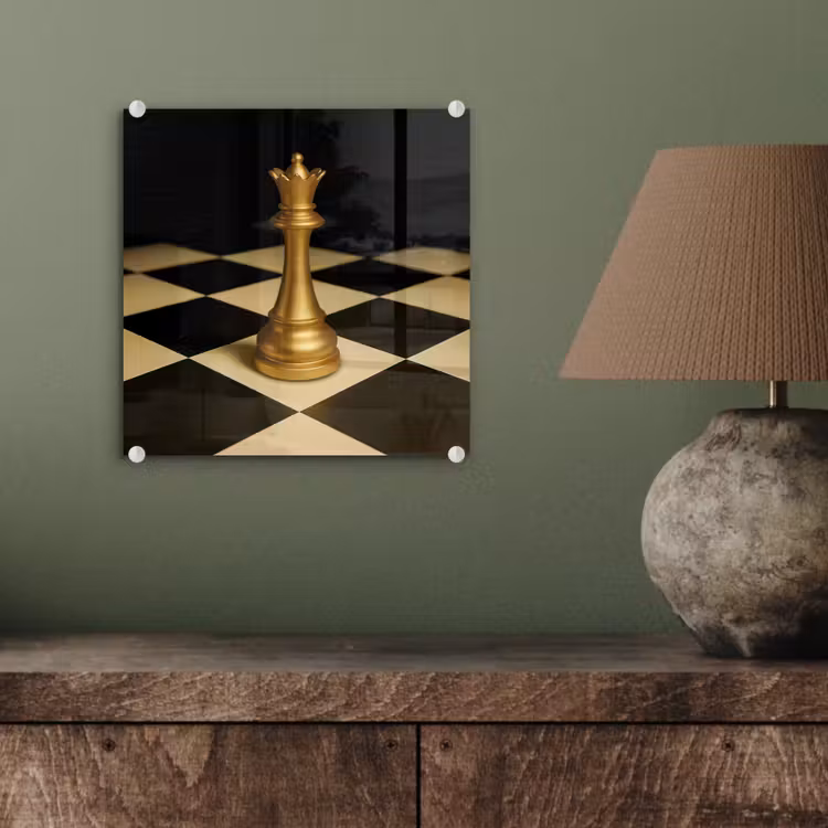 Glas schilderij - Koningin - Schaakstuk - Geblokt - Goud — 4