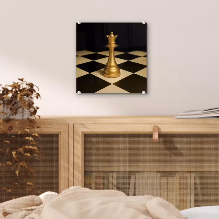 Glas schilderij - Koningin - Schaakstuk - Geblokt - Goud — 5