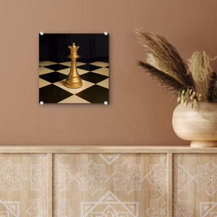 Glas schilderij - Koningin - Schaakstuk - Geblokt - Goud — 6