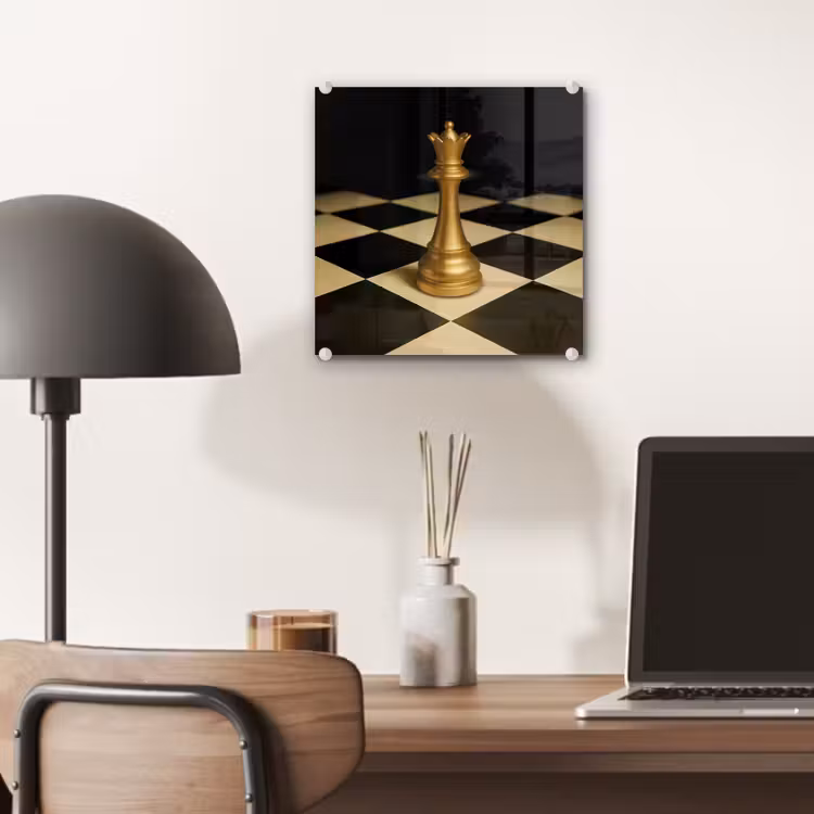 Glas schilderij - Koningin - Schaakstuk - Geblokt - Goud — 7