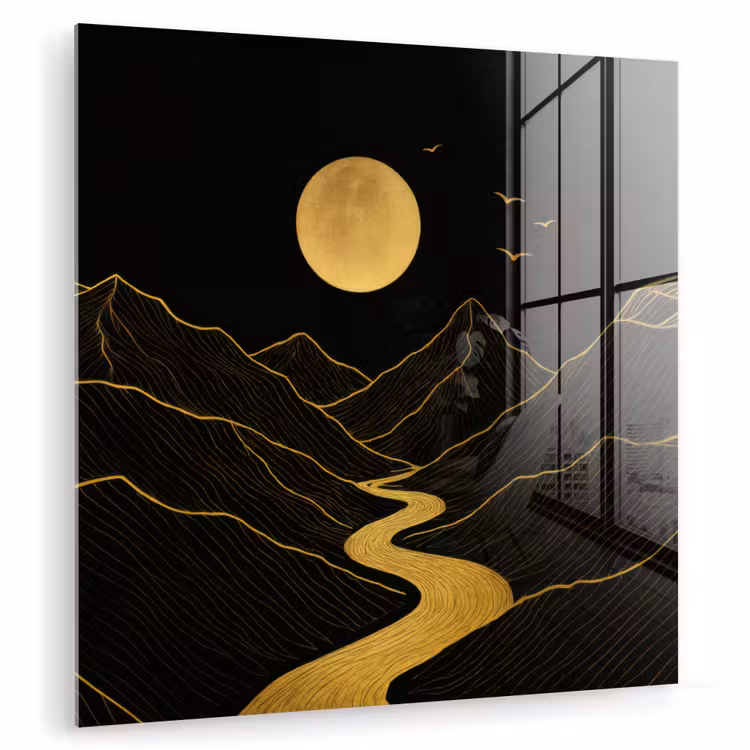 Glas schilderij - Rivier - Goud - Maan - Vogels — 1