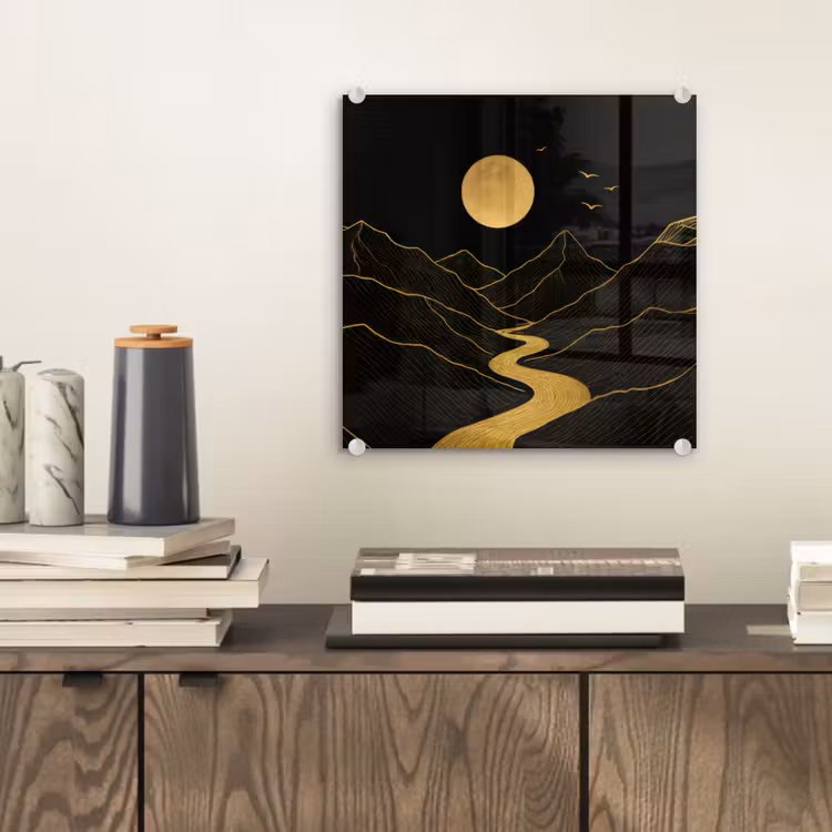 Glas schilderij - Rivier - Goud - Maan - Vogels — 2