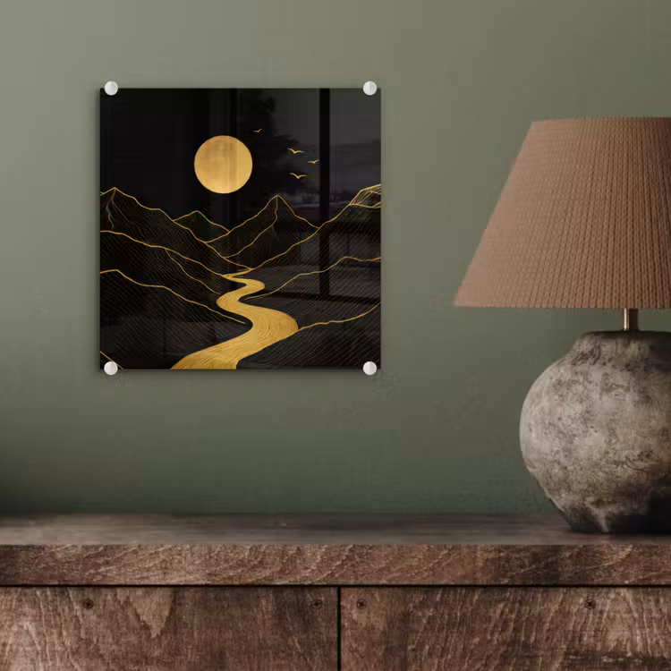 Glas schilderij - Rivier - Goud - Maan - Vogels — 4