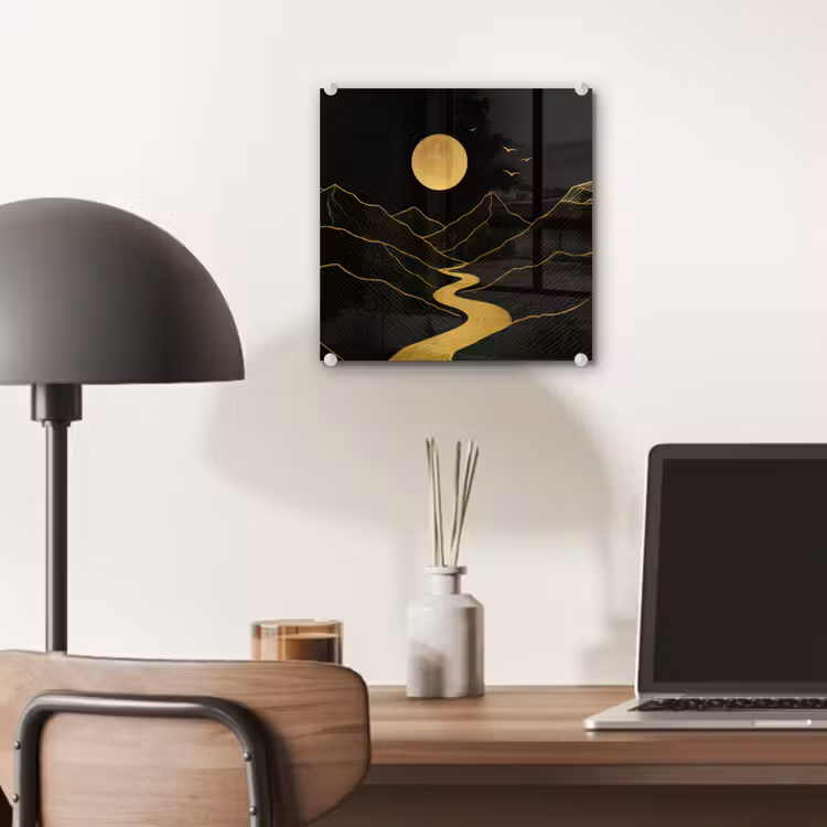 Glas schilderij - Rivier - Goud - Maan - Vogels — 7