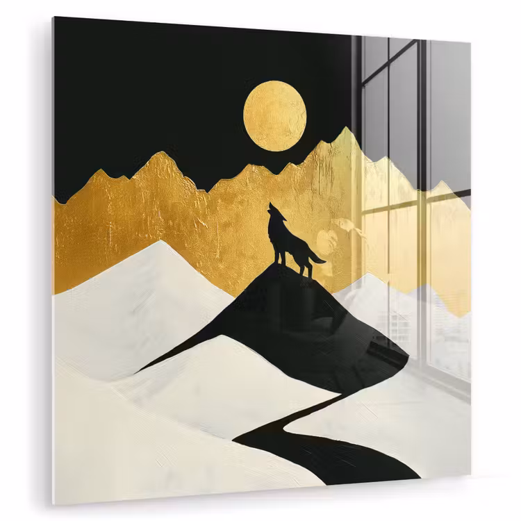 Glas schilderij - Wolf - Bergen - Maan - Zwart — 1
