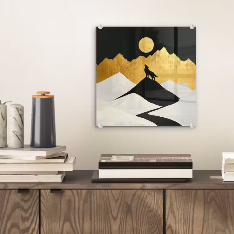 Glas schilderij - Wolf - Bergen - Maan - Zwart — 2