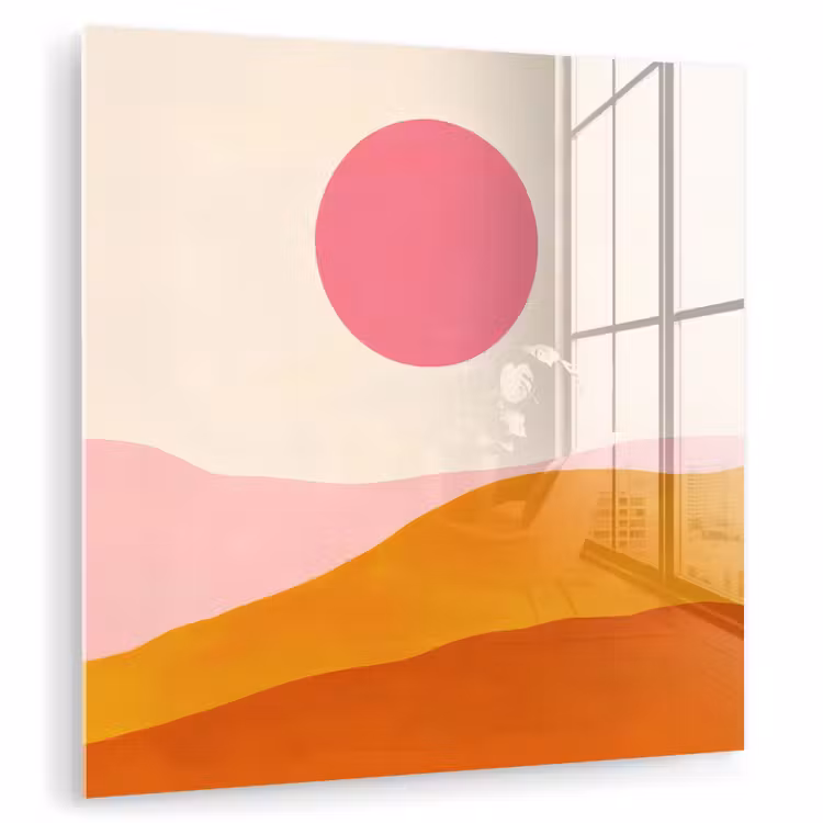 Glas schilderij - Zon - Heuvels - Abstract - Roze — 1