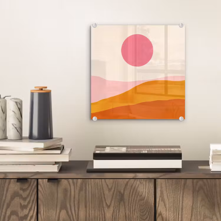 Glas schilderij - Zon - Heuvels - Abstract - Roze — 2