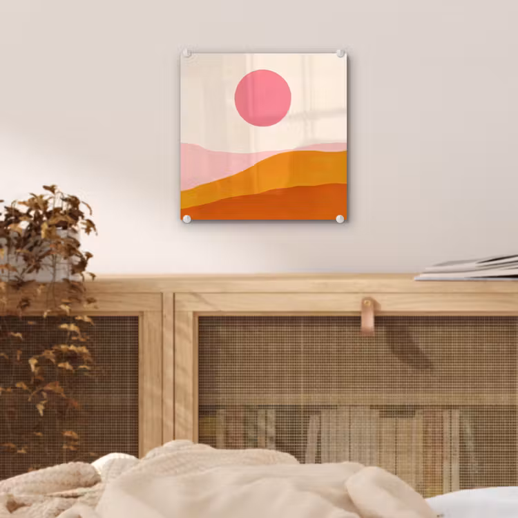 Glas schilderij - Zon - Heuvels - Abstract - Roze — 5