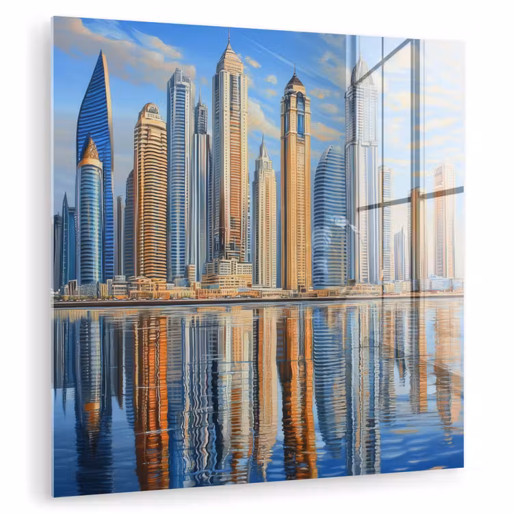 Glas schilderij - Skyline - Wolkenkrabbers - Water - Blauw — 1