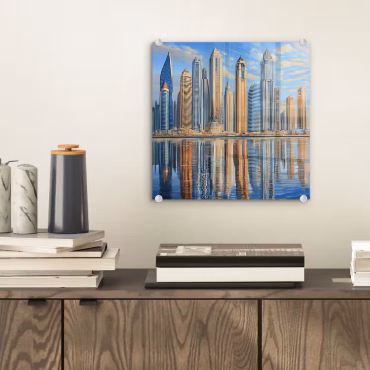 Glas schilderij - Skyline - Wolkenkrabbers - Water - Blauw — 2