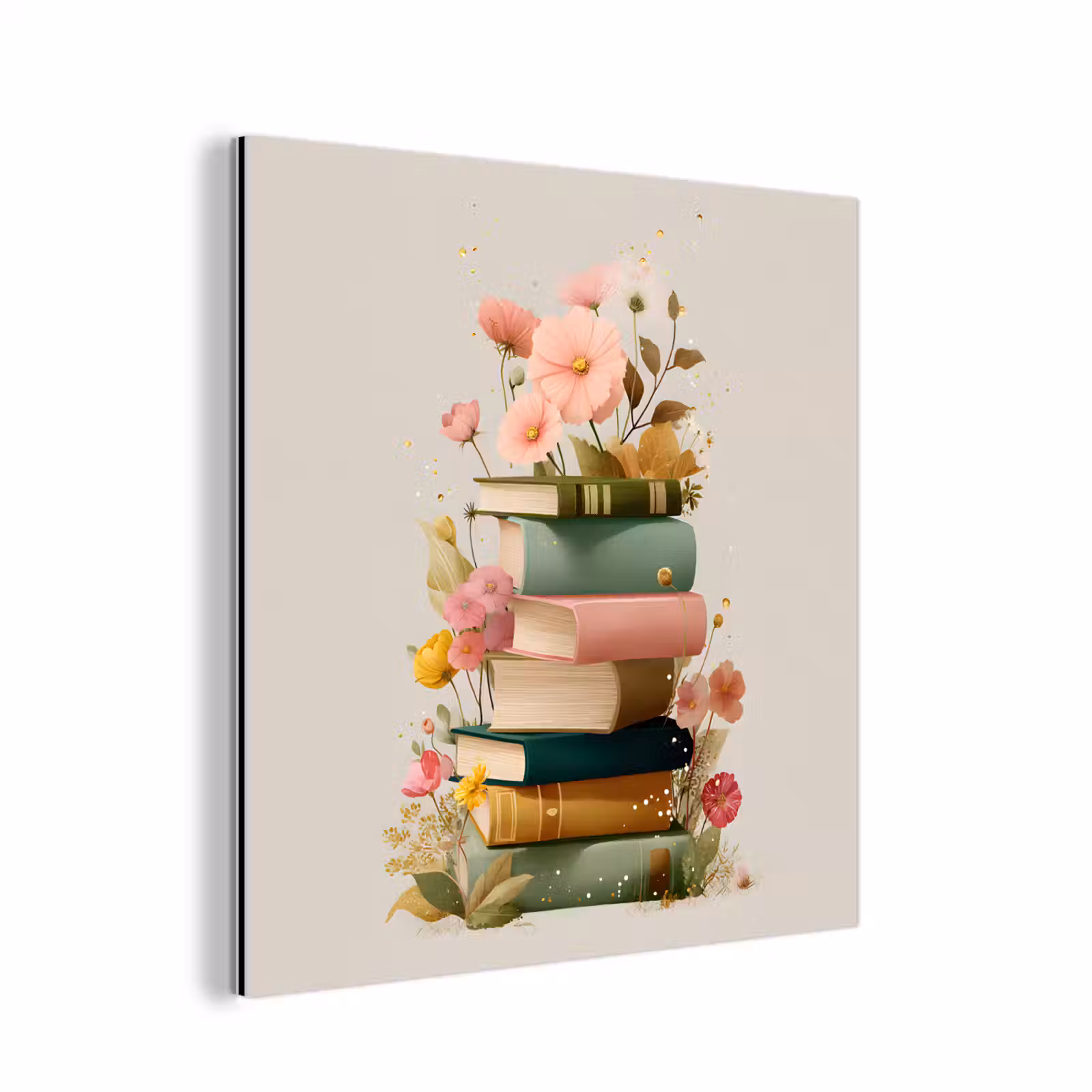 Aluminium schilderij - Boeken - Stapel - Bloemen - Kleurrijk — 1