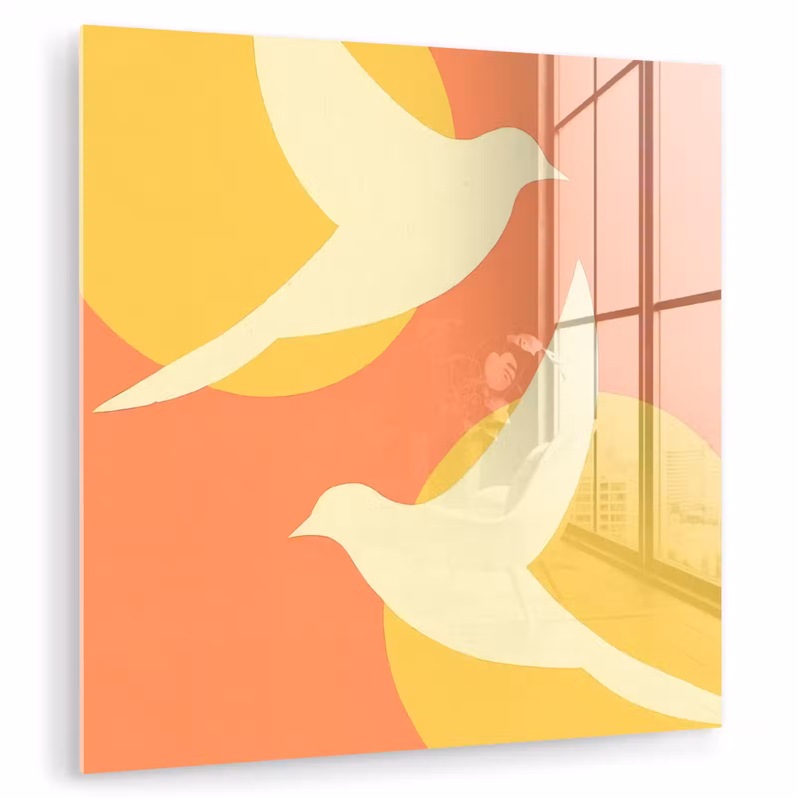 Glas schilderij - Vogels - Cirkels - Geel — 1