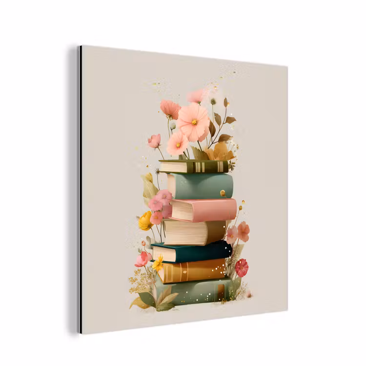 Aluminium schilderij - Boeken - Stapel - Bloemen - Kleurrijk — 1