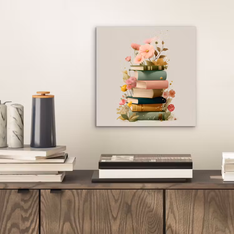 Aluminium schilderij - Boeken - Stapel - Bloemen - Kleurrijk — 2