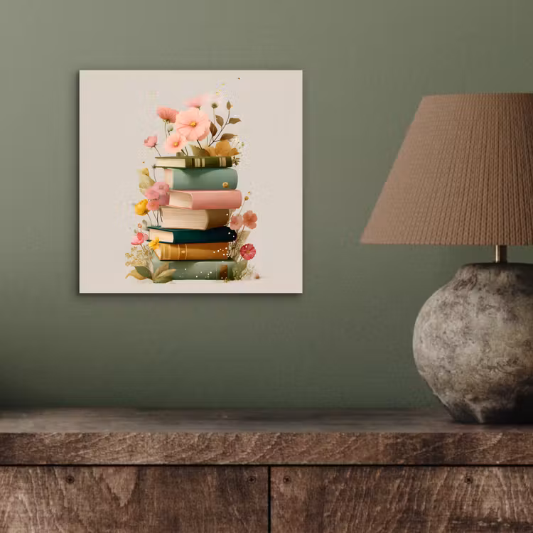 Aluminium schilderij - Boeken - Stapel - Bloemen - Kleurrijk — 3