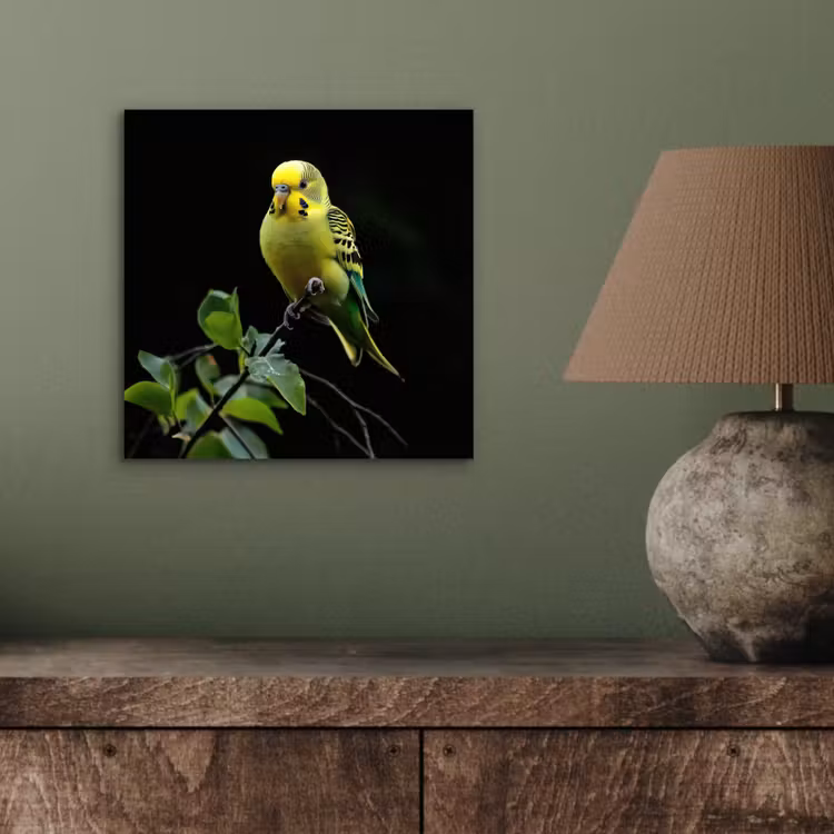 Aluminium schilderij - Parkiet - Tak - Bladeren - Geel — 3
