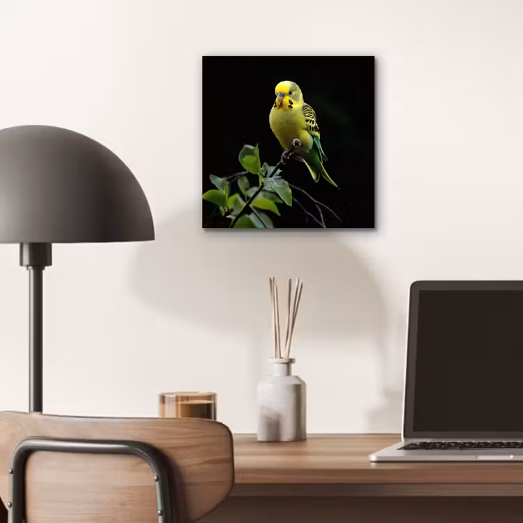Aluminium schilderij - Parkiet - Tak - Bladeren - Geel — 6