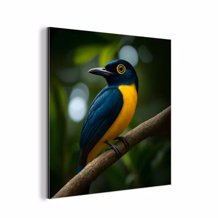 Aluminium schilderij - Vogel - Tak - Geel - Bladeren — 1