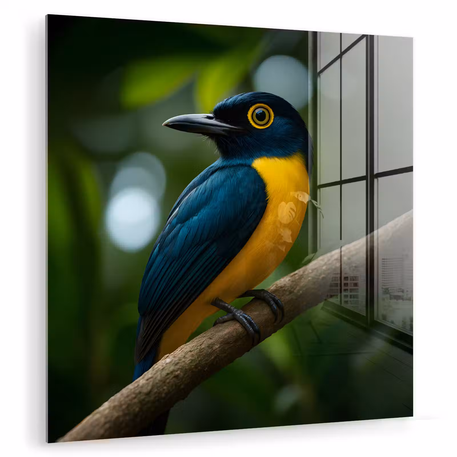 Glas schilderij - Vogel - Tak - Geel - Bladeren — 1