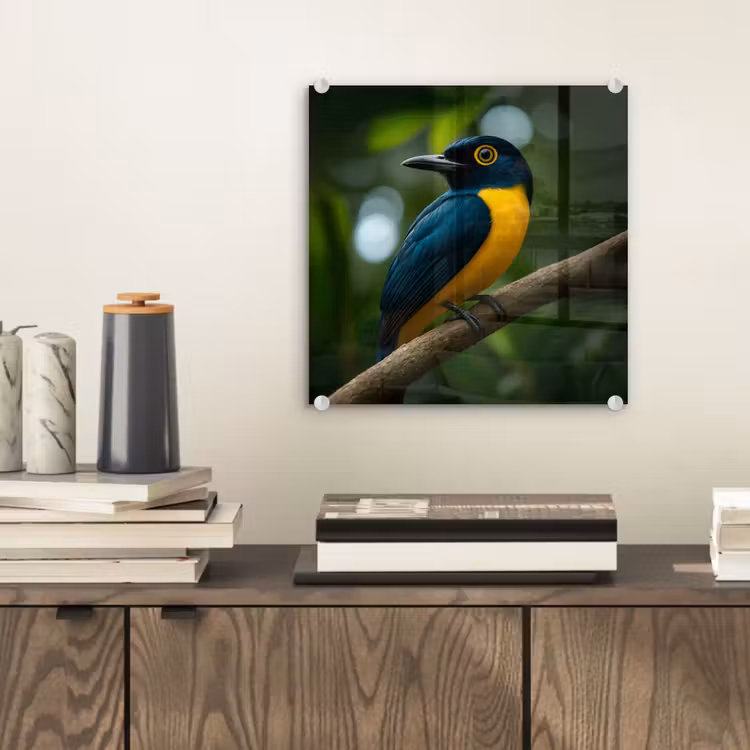 Glas schilderij - Vogel - Tak - Geel - Bladeren — 2