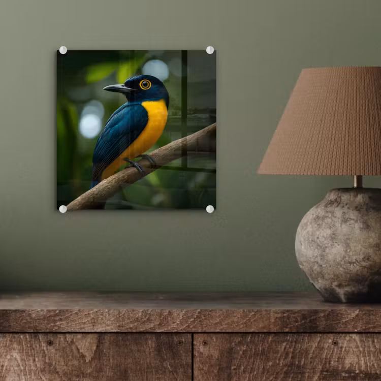 Glas schilderij - Vogel - Tak - Geel - Bladeren — 4