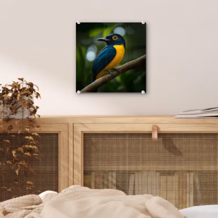 Glas schilderij - Vogel - Tak - Geel - Bladeren — 5