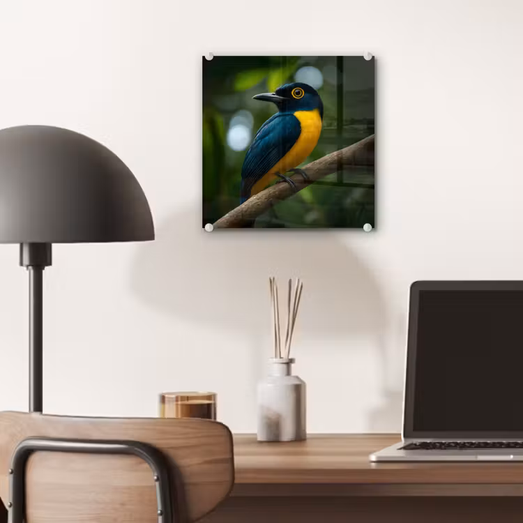 Glas schilderij - Vogel - Tak - Geel - Bladeren — 7