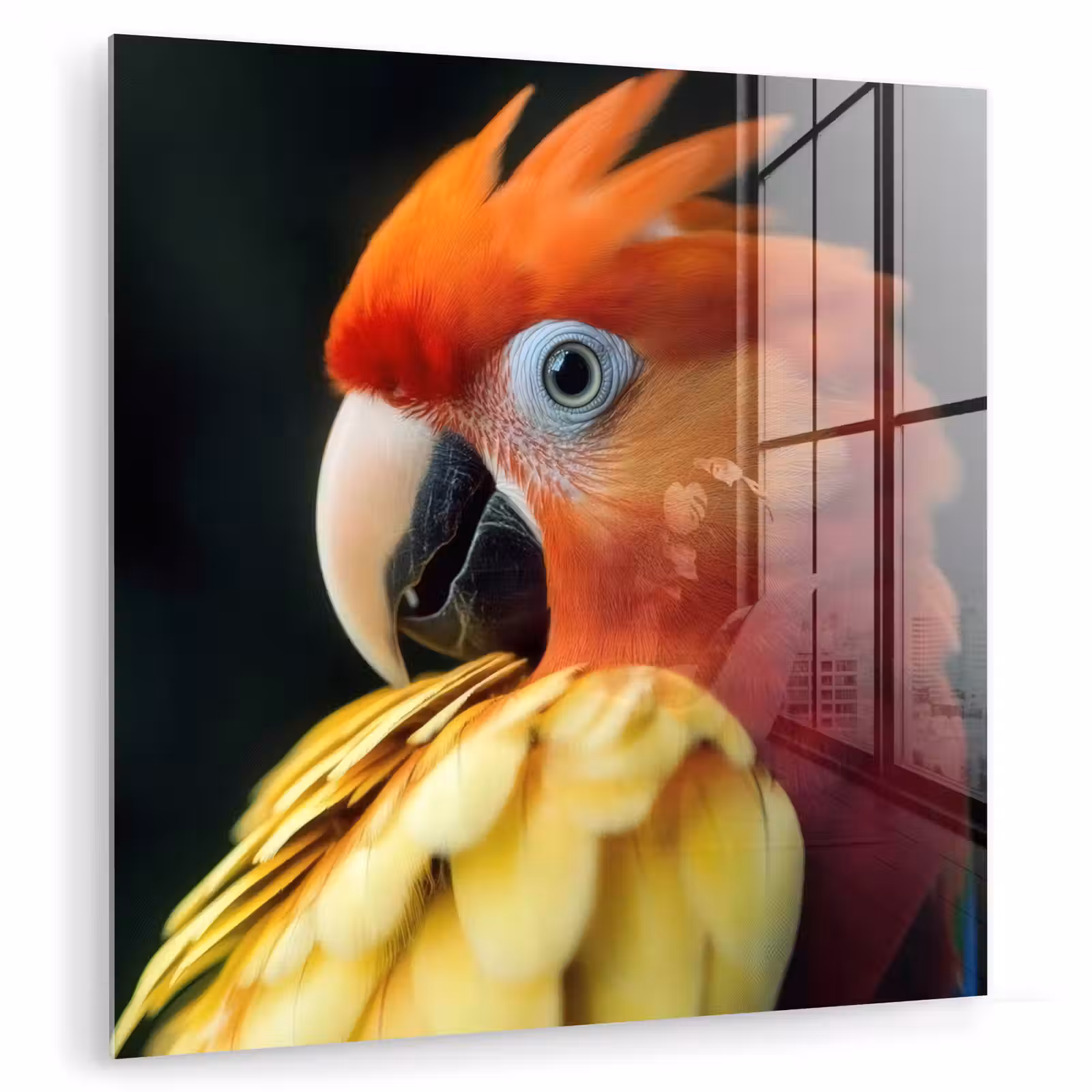 Glas schilderij - Close-up - Papegaai - Veren - Oranje — 1