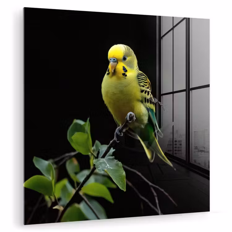 Glas schilderij - Parkiet - Tak - Bladeren - Geel — 1