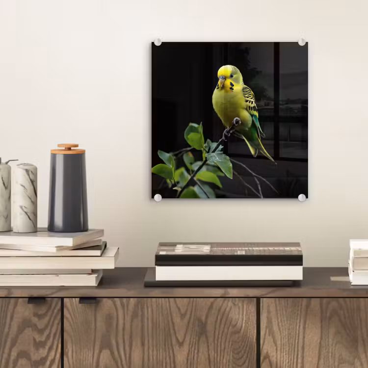 Glas schilderij - Parkiet - Tak - Bladeren - Geel — 2