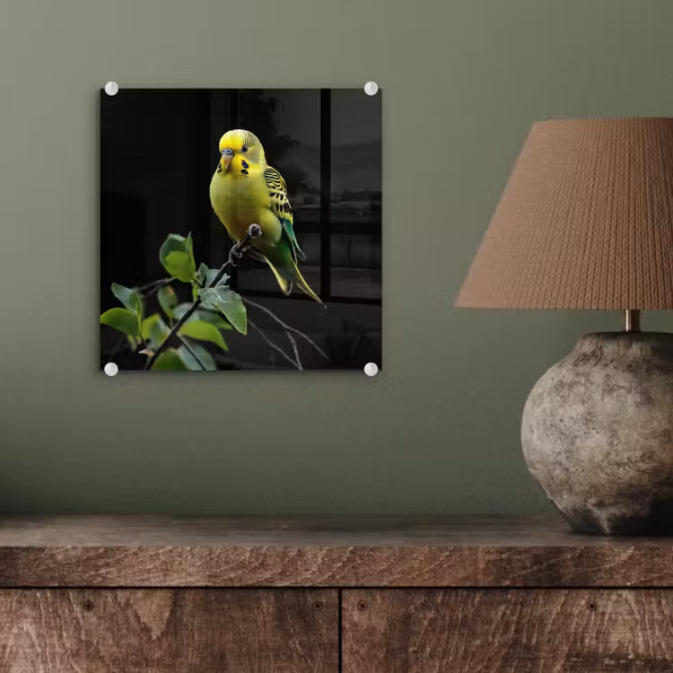 Glas schilderij - Parkiet - Tak - Bladeren - Geel — 4