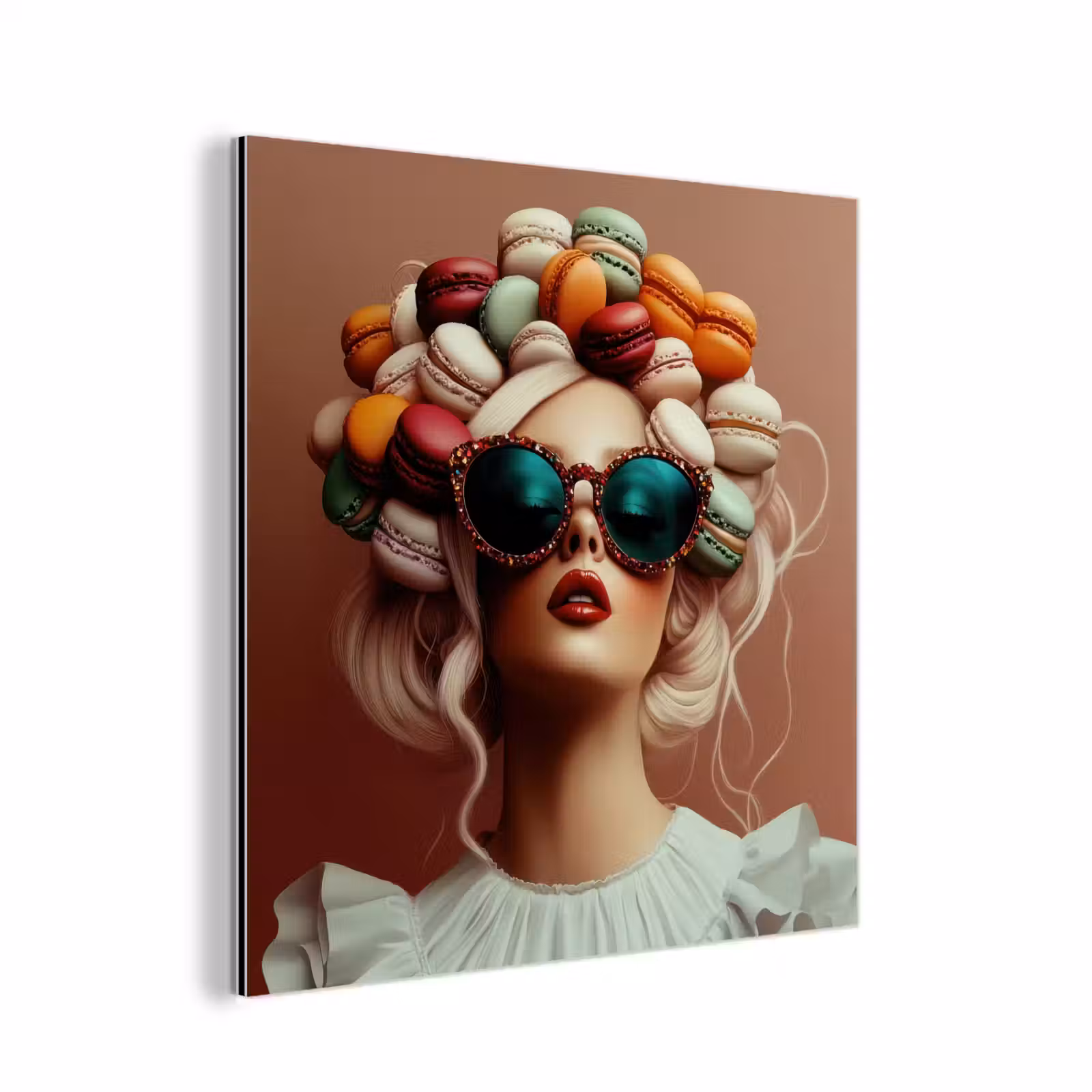 Aluminium schilderij - Vrouw - Macarons - Bril — 1