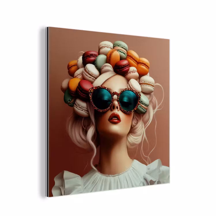 Aluminium schilderij - Vrouw - Macarons - Bril — 1