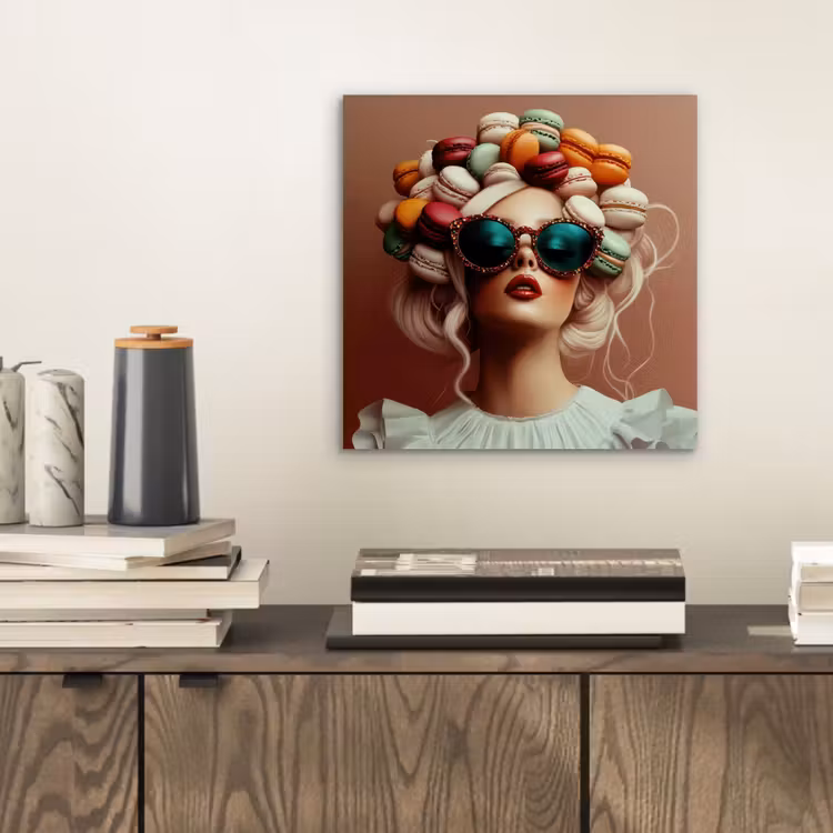 Aluminium schilderij - Vrouw - Macarons - Bril — 2