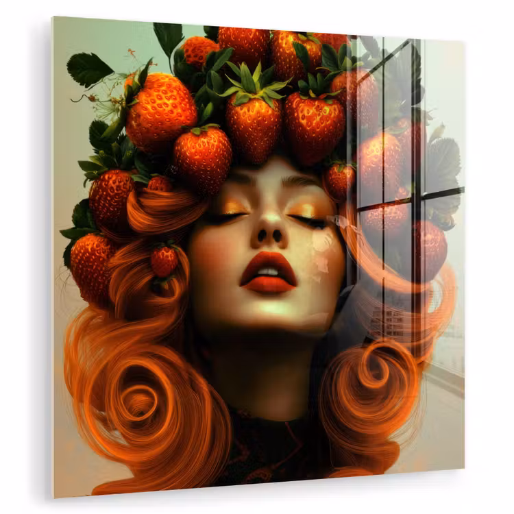 Glas schilderij - Vrouw met Aardbeien in Haar