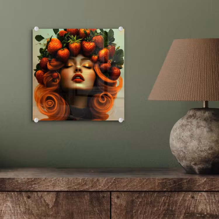 Glas schilderij - Vrouw met Aardbeien in Haar — 4