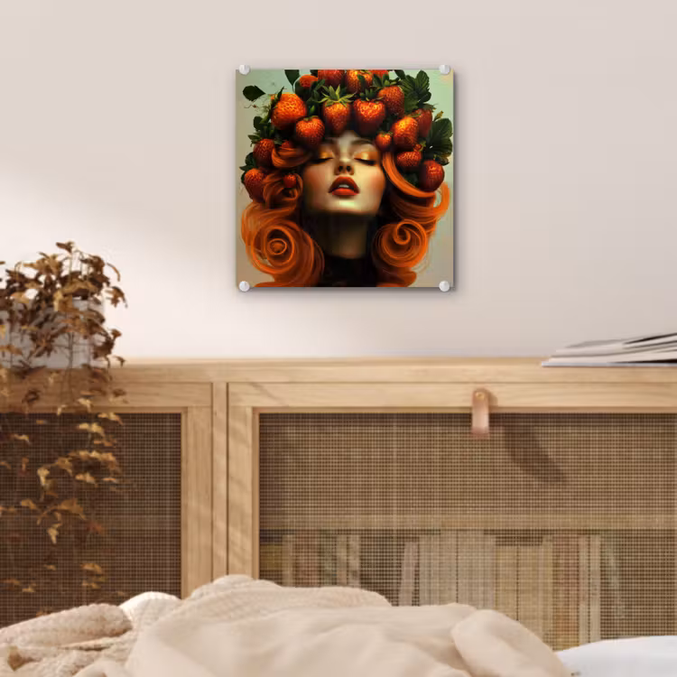 Glas schilderij - Vrouw met Aardbeien in Haar — 5