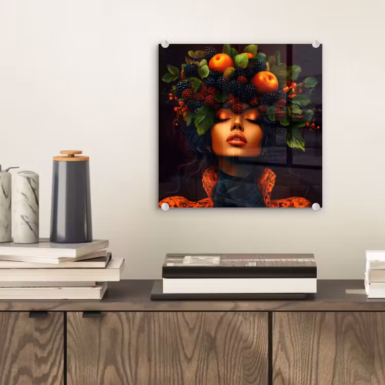 Glas schilderij - Vrouw met Bramen op Hoofd — 2