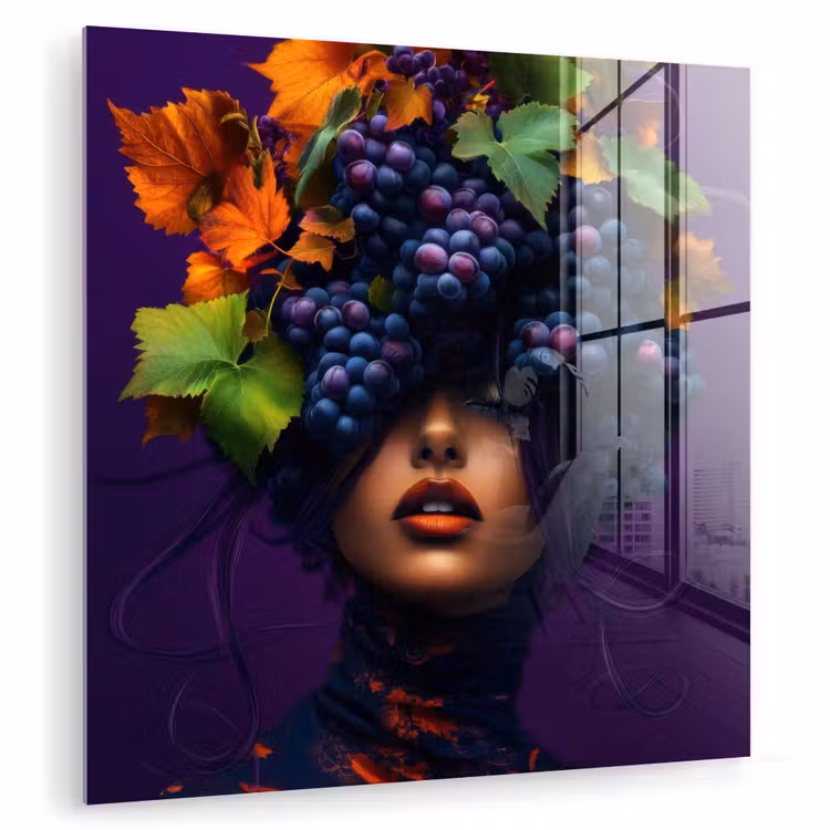 Glas schilderij - Vrouw - Paars - Druiven — 1