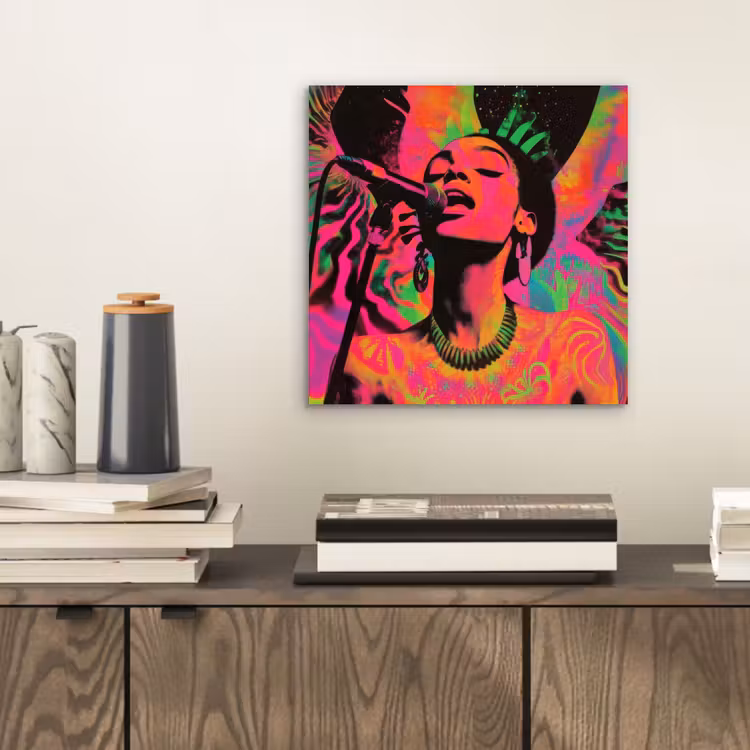 Aluminium schilderij - Neon - Vrouw - Microfoon — 2