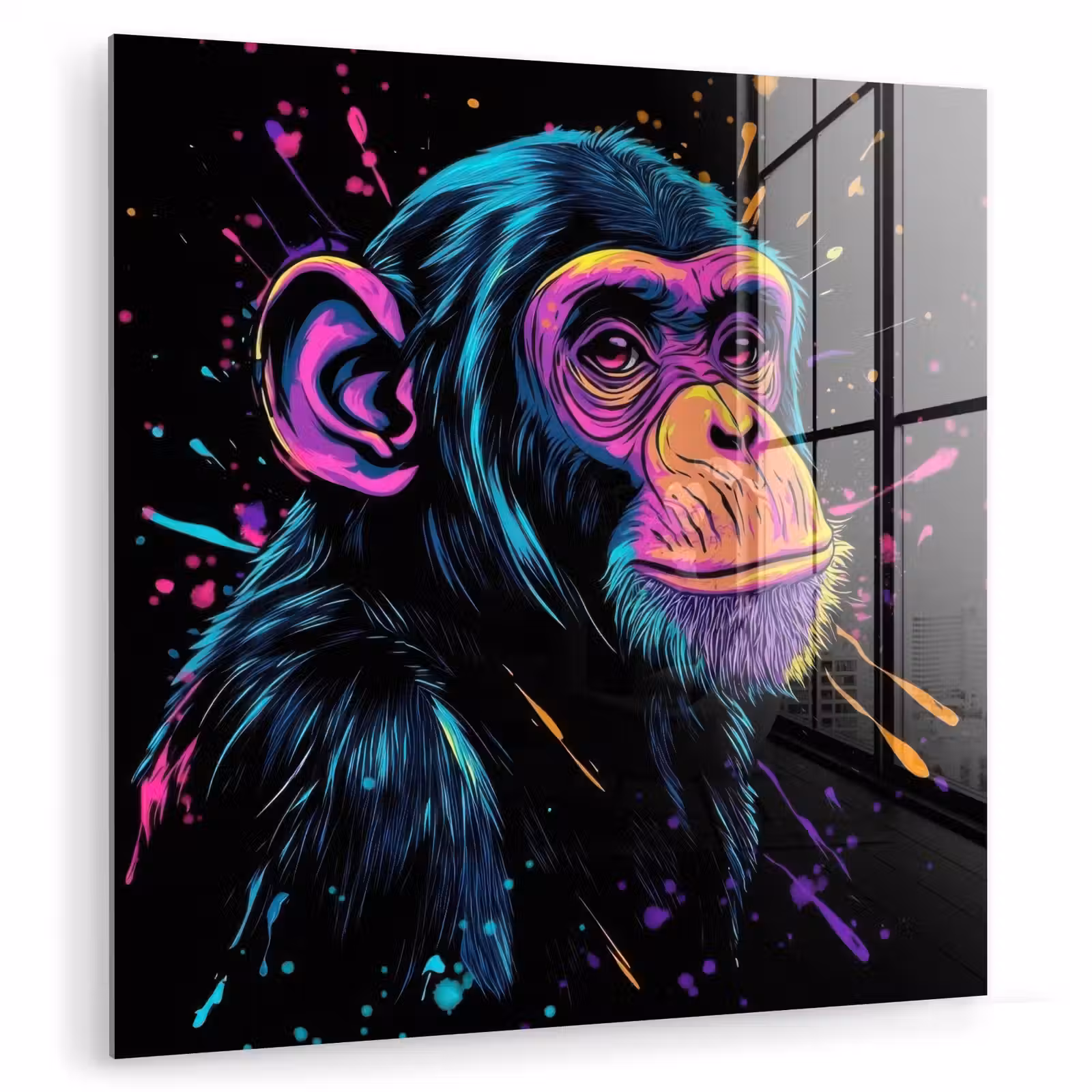 Glas schilderij - Aap - Verf - Neon - Kleur — 1