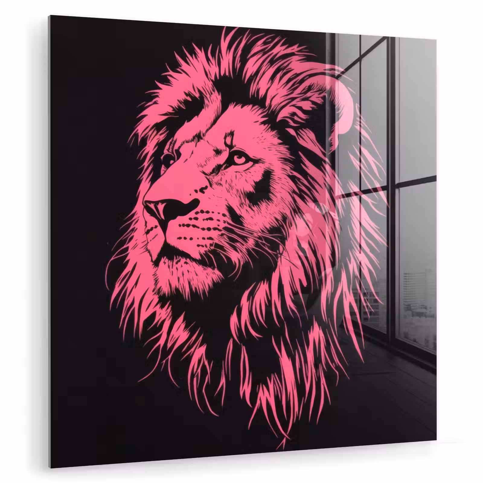 Glas schilderij - Leeuw - Zwart - Roze - Neon — 1