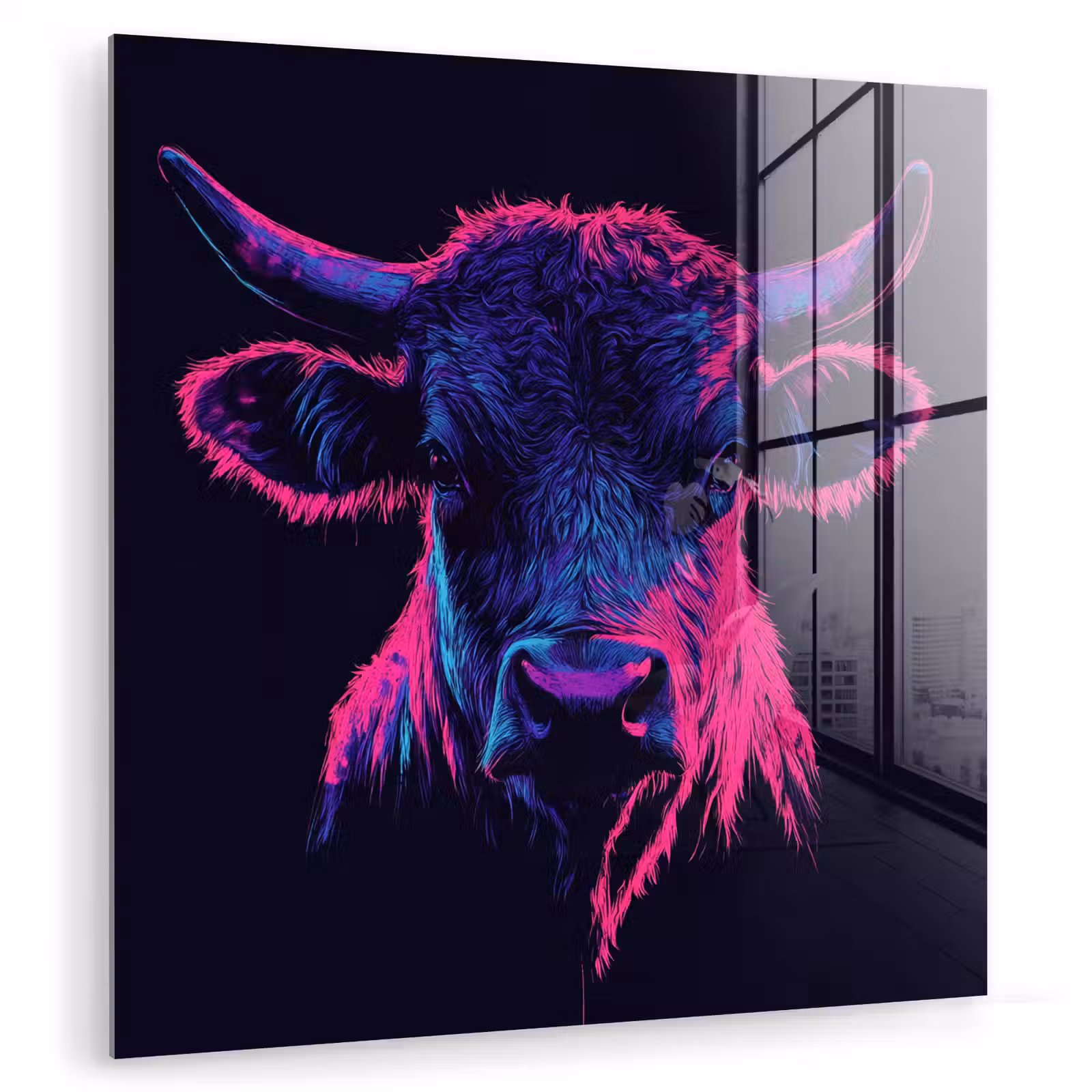 Glas schilderij - Stier - Neon - Zwart - Kleur — 1