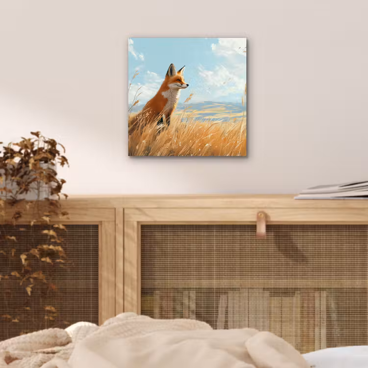 Aluminium schilderij - Vos - Gras - Wolken - Oranje — 4