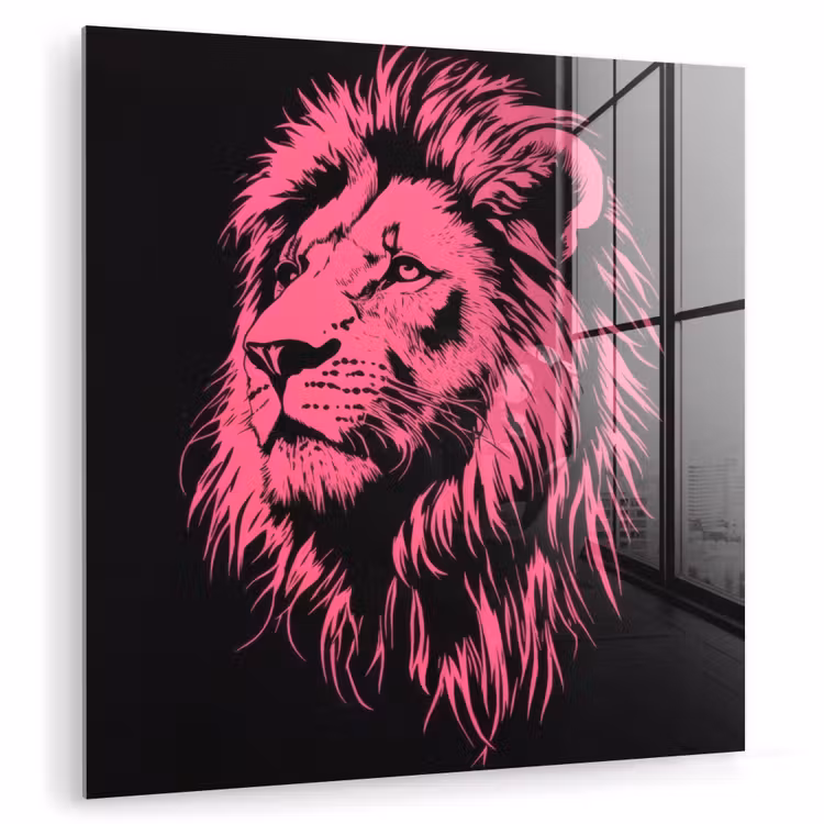 Glas schilderij - Leeuw - Zwart - Roze - Neon — 1