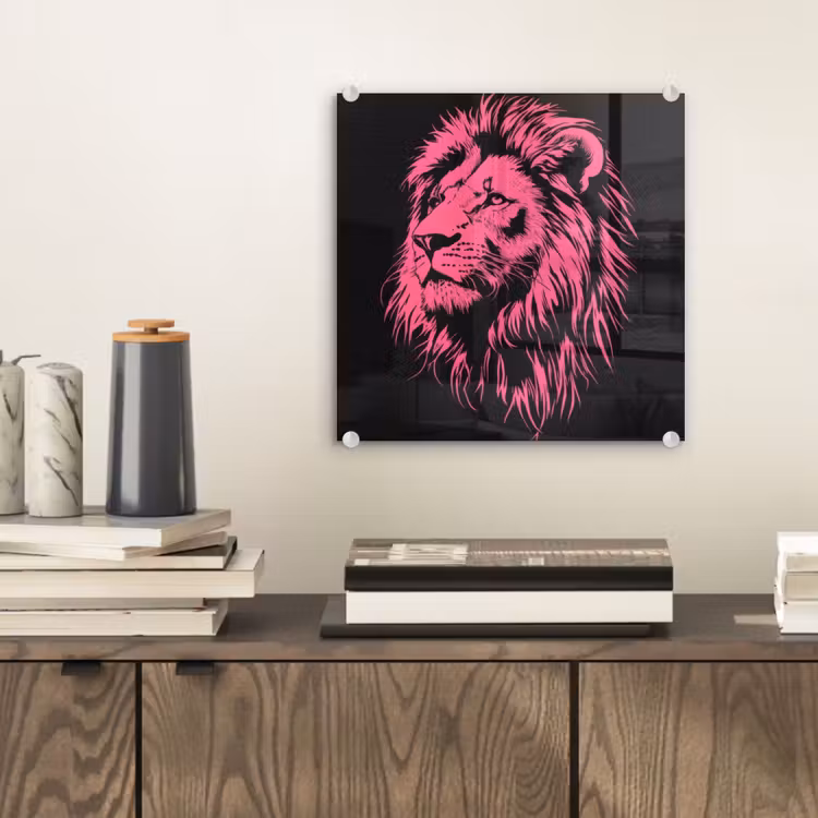Glas schilderij - Leeuw - Zwart - Roze - Neon — 2