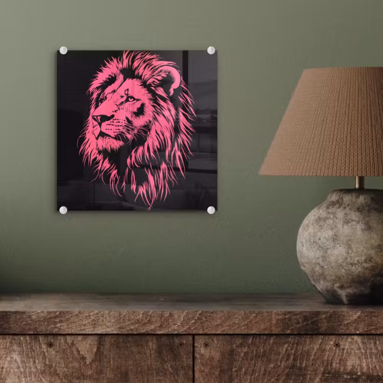 Glas schilderij - Leeuw - Zwart - Roze - Neon — 4